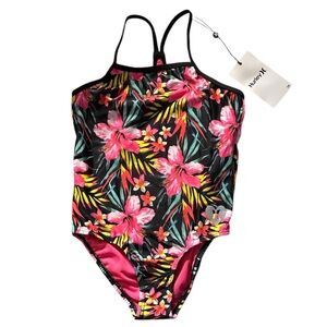 NEW! Hurley Black and Pink One Piece Swimsuit Tropical Floral